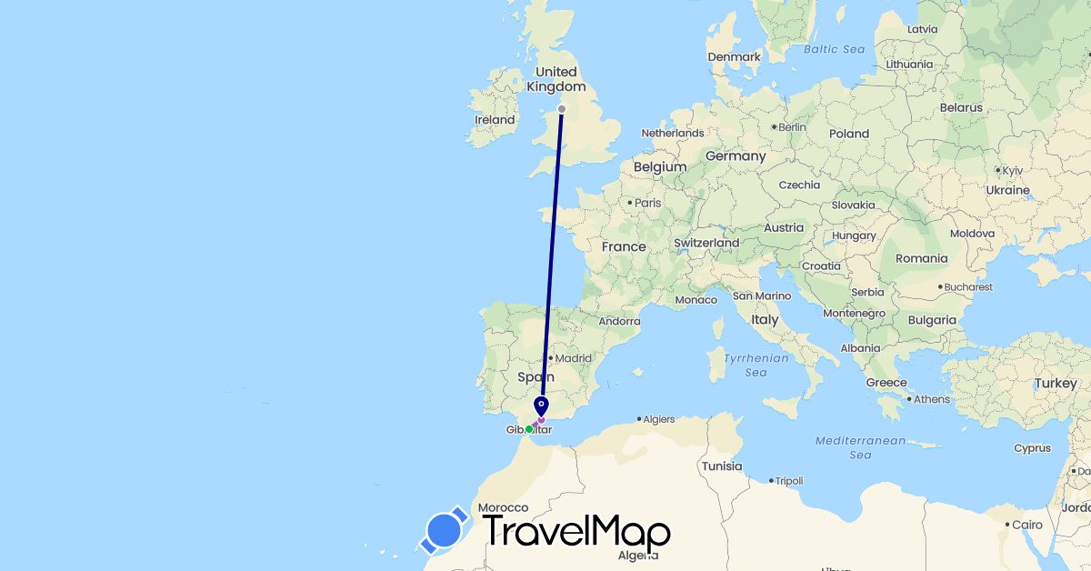 TravelMap itinerary: driving, bus, plane, train in Spain, United Kingdom, Gibraltar (Europe)